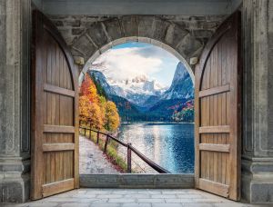  Tuindoek Het Uitzicht Achter de Houten Deur - Tuindecoratie