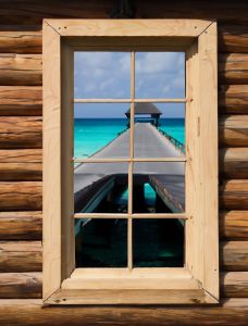 Tuindoek Houten raam- Tuinposter Turkooizen zee- Schuttingdoek