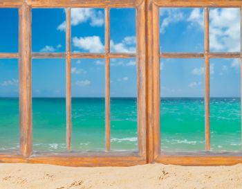 Tuindoek Prachtige Strand Achter Het Raam - Tuin Poster Buiten - Buitenposter Zee